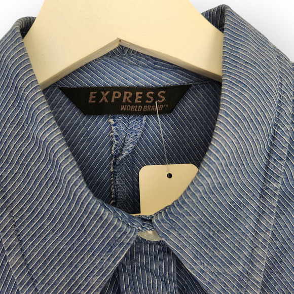 Vintage 90s Express Blue Pinstripe Office Siren Button Down Shirt S - Picture 3 of 8